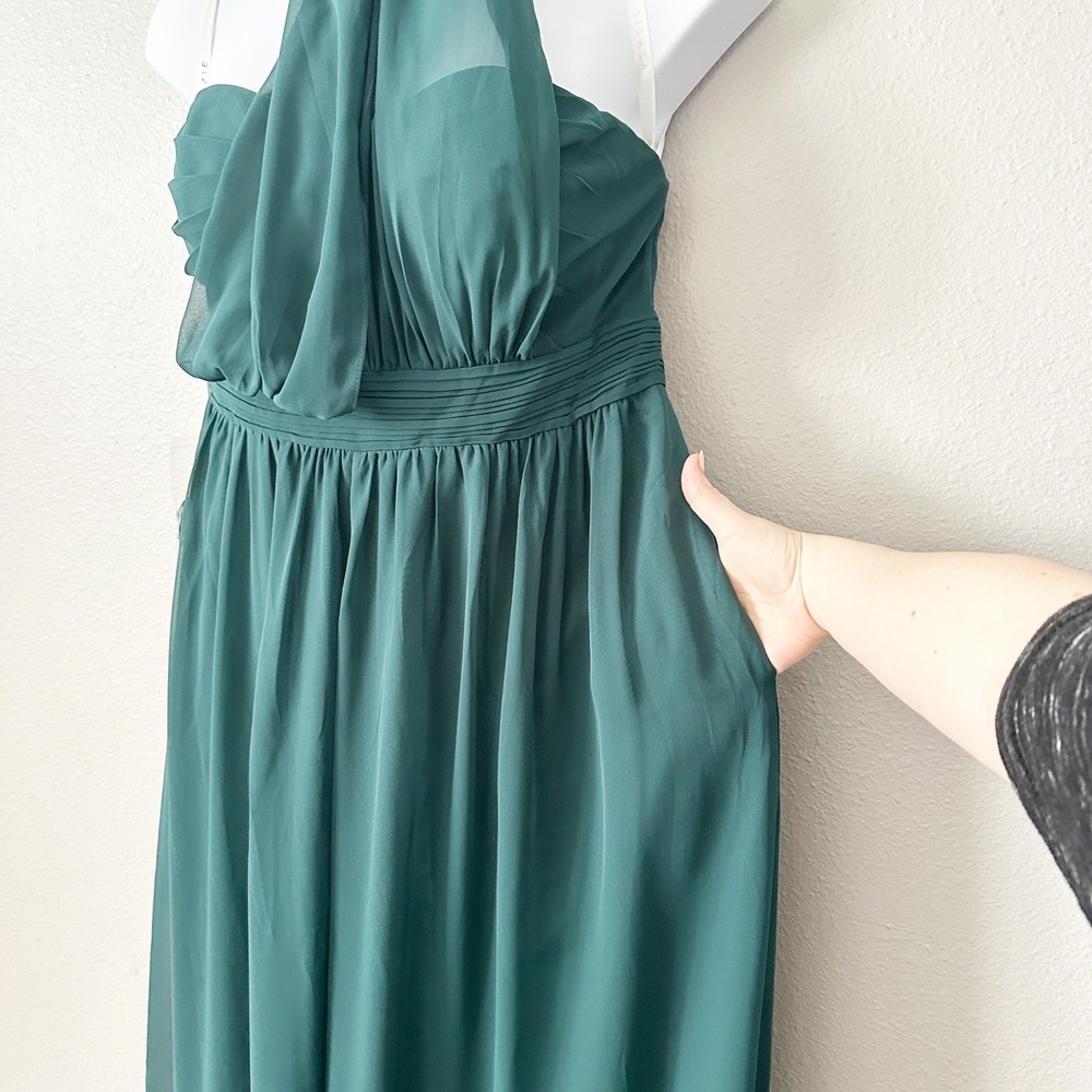 Azazie Lamara Pine‎ Green Chiffon Convertible Wide Leg Jumpsuit Size A16 - Picture 4 of 16